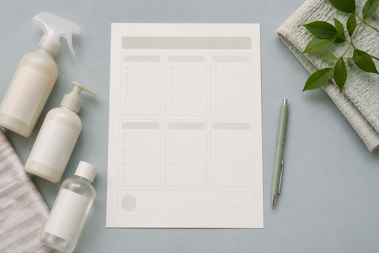 A home-supplies planning worksheet with a pen and sample bottles