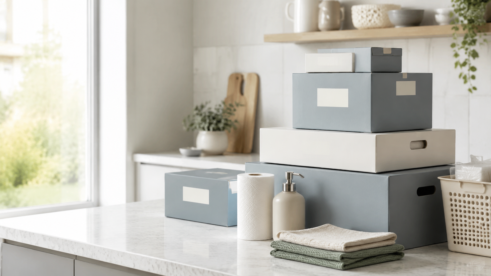 Restock kits stacked on a bright kitchen counter