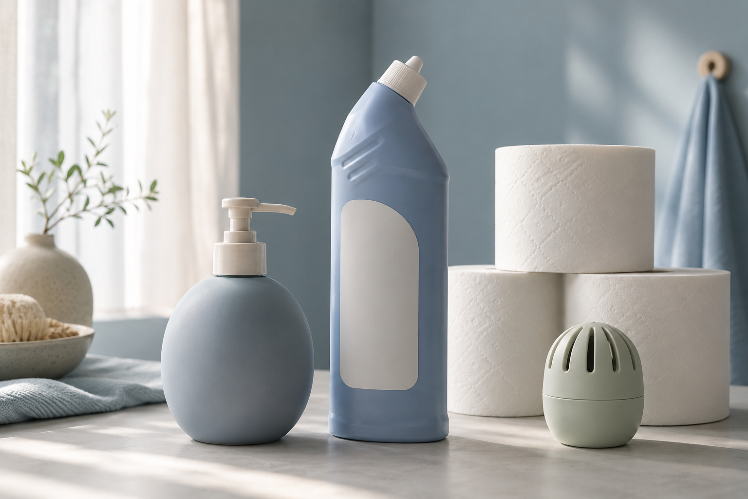 Bathroom Refresh Kit — Hand soap refill, Toilet cleaner, Toilet paper (9 rolls)
