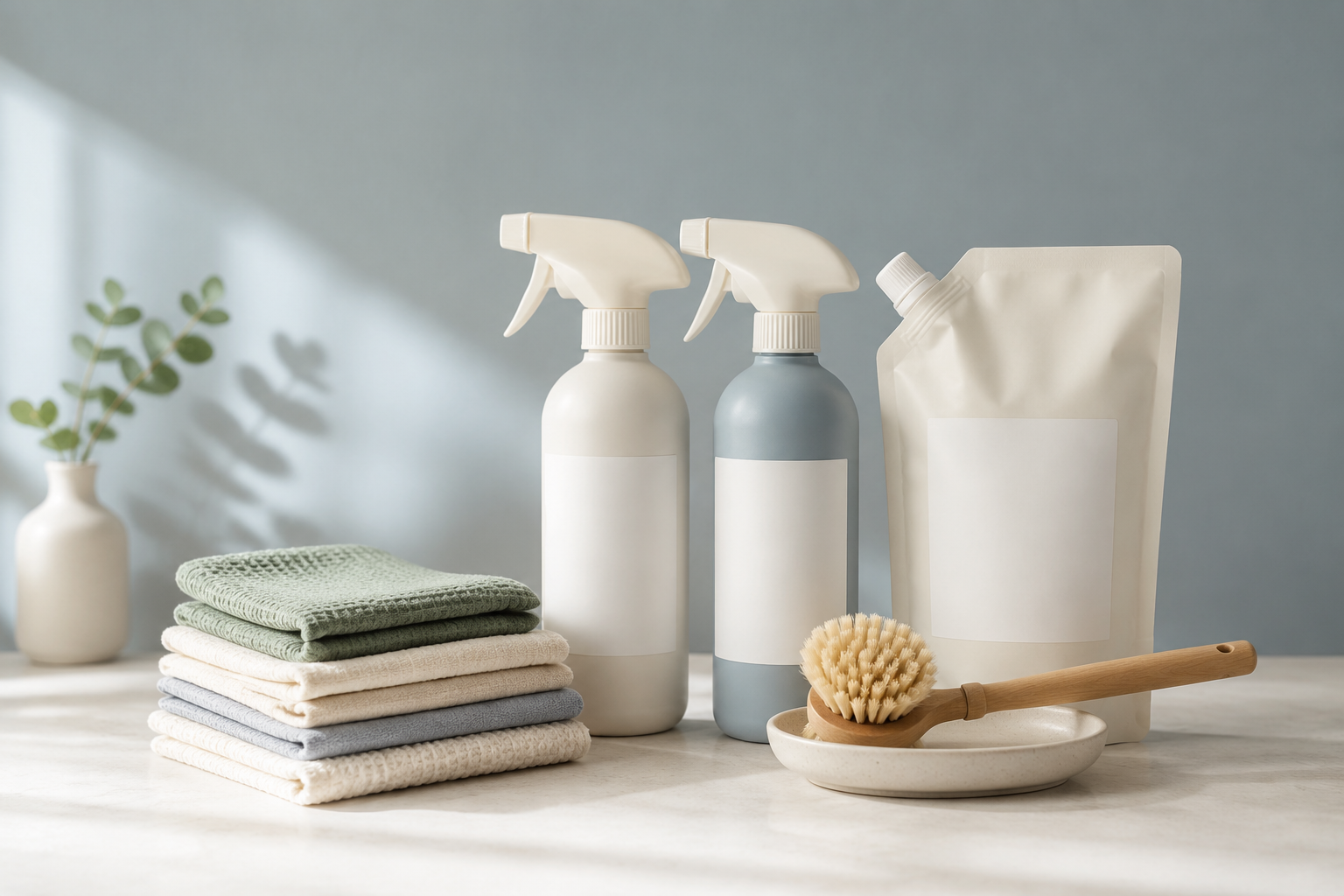 Eco Swap Kit — Reusable cloths (x4), Refillable spray bottles (x2), Bamboo brush