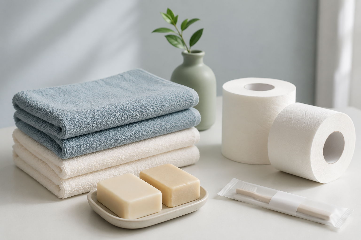 Guest-Ready Kit — Guest hand towels (x2), Soap bars (x2), Toilet rolls (x4)