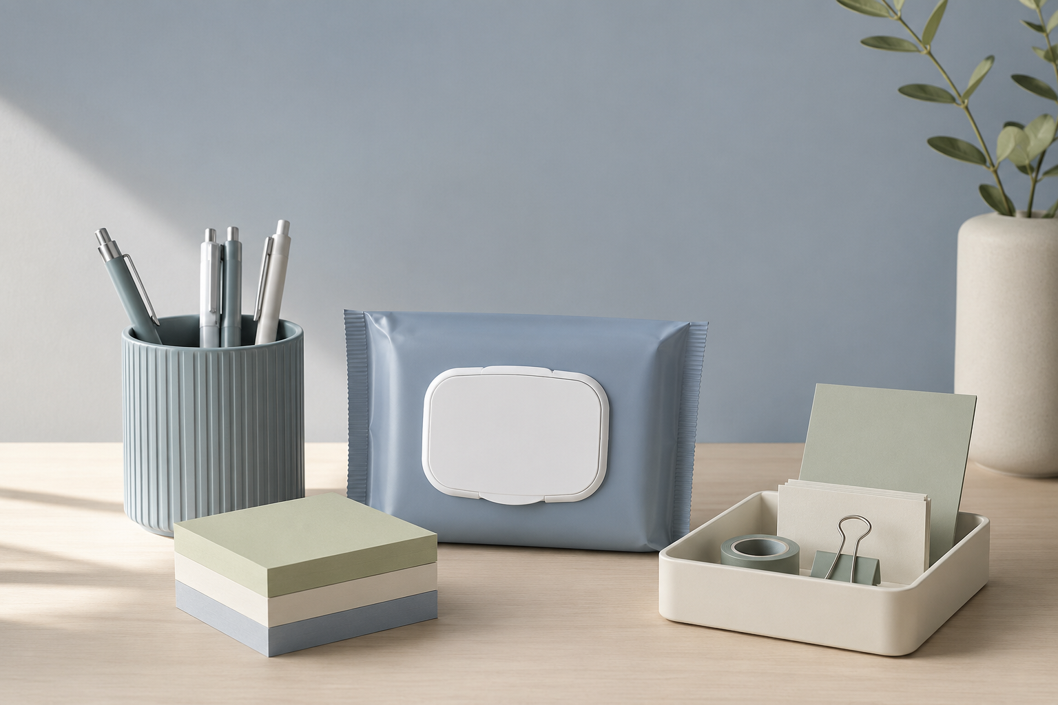 Home Office Kit — Pens (x5), Sticky notes, Cleaning wipes