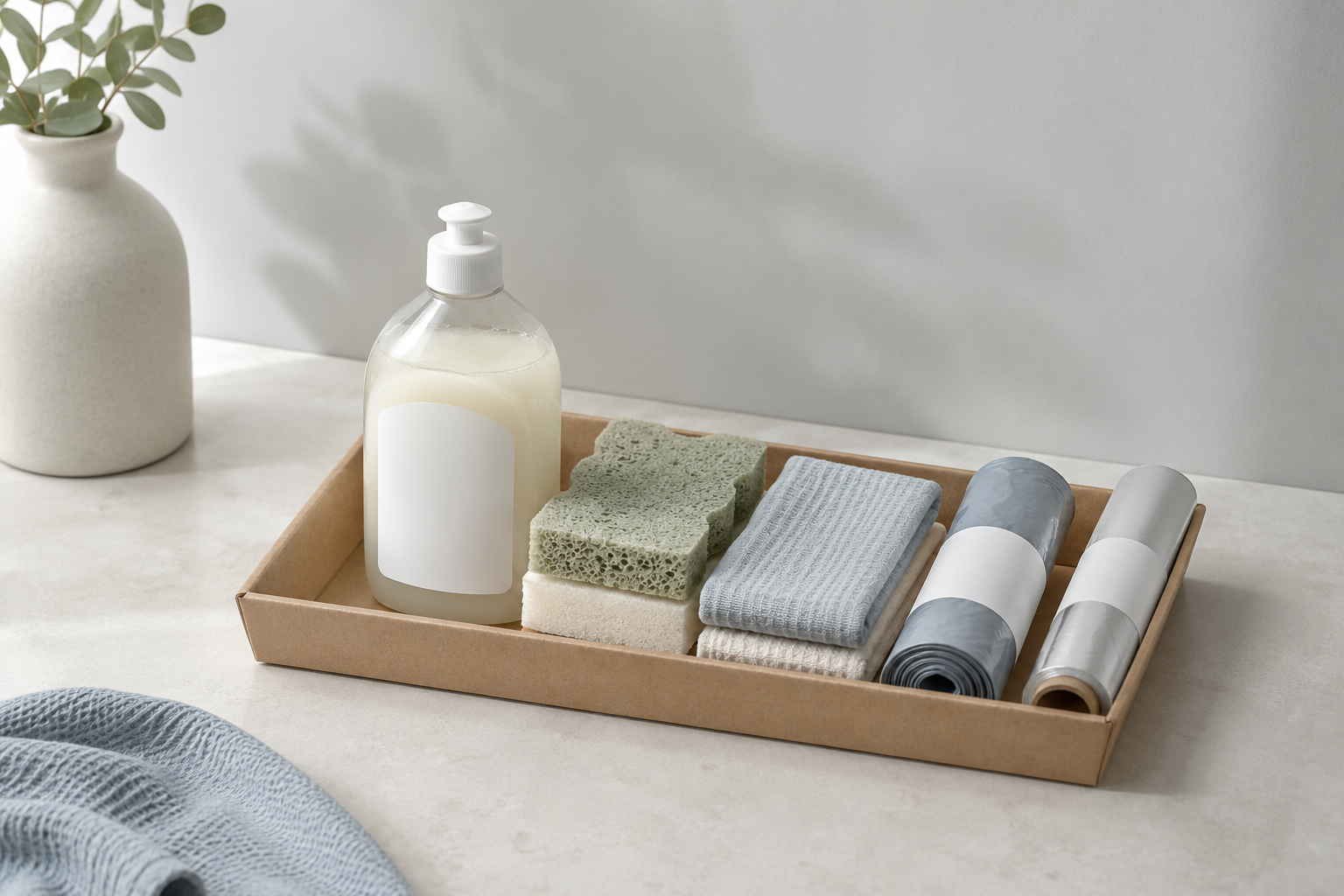 Kitchen Starter Kit — Dish soap, Sponge pack (x2), Microfibre cloths (x3)