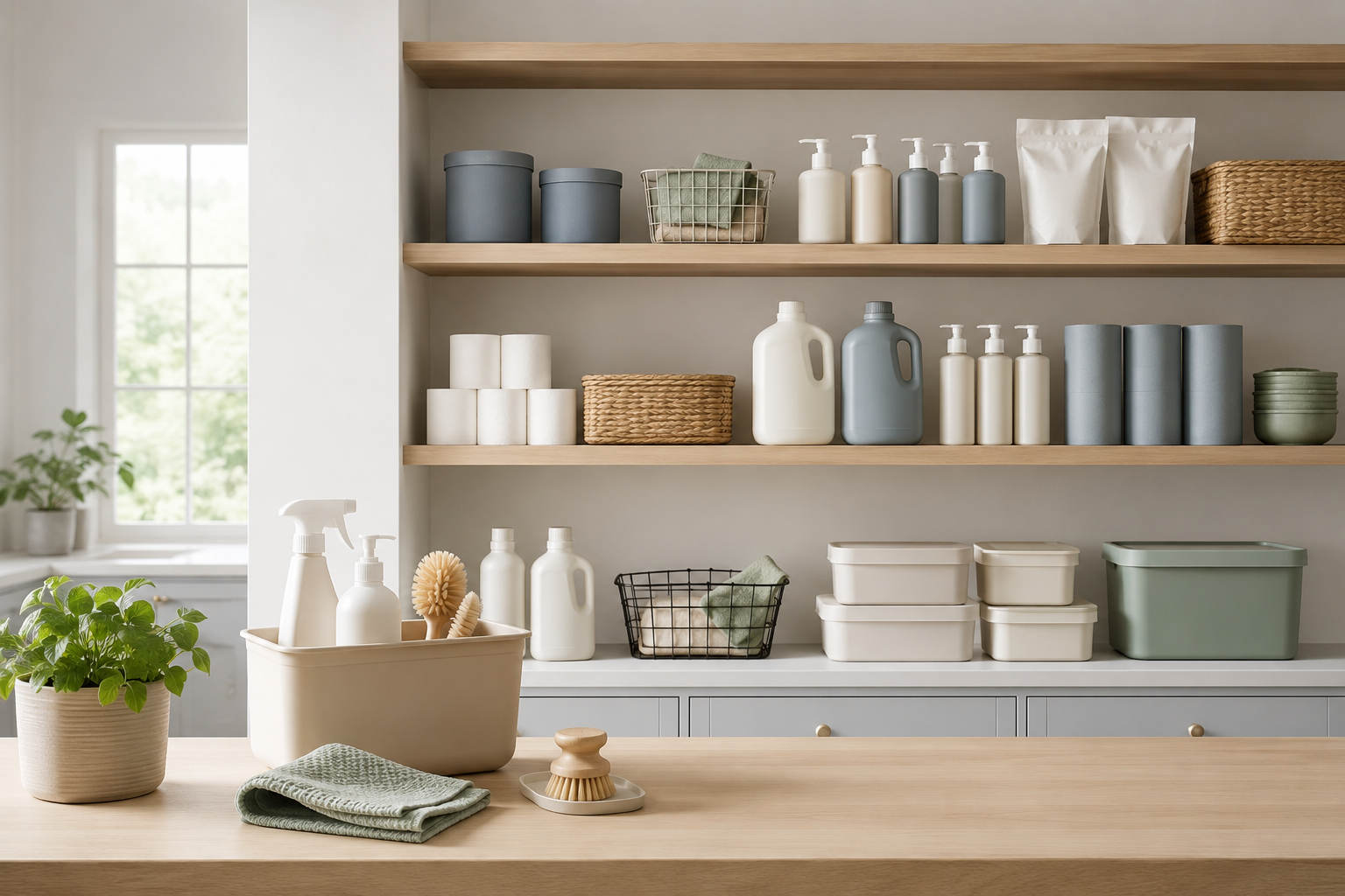 Organized kitchen shelves stocked with everyday household supplies
